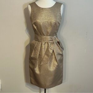 After Five Gold Patterned Cocktail Dress with Rhinestone Buckle Size 4P